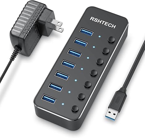 RSHTECH 7-Port Powered USB Hub, USB 3.0 Data Port Extender Hub, RSH-518