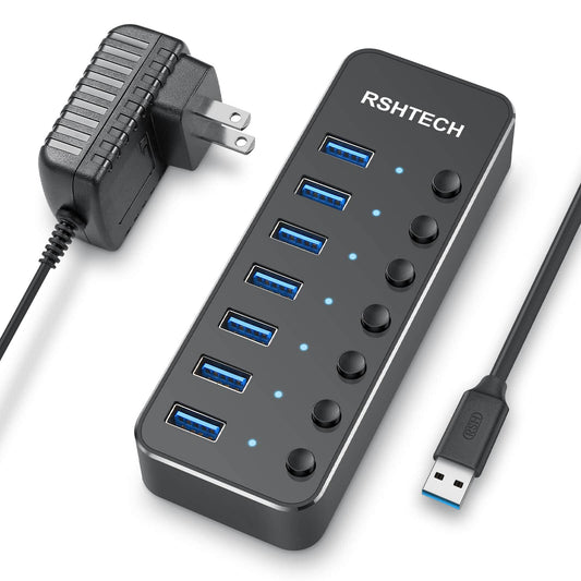 RSHTECH 7-Port Powered USB Hub, USB 3.0 Data Port Extender Hub, RSH-518
