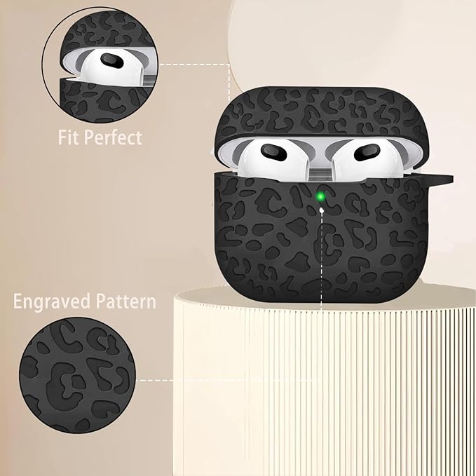 Engraved Case for AirPods 3rd Generation Carving Cover with Keychain, Leopard Skin Soft Cover for Compatible with AirPods 3rd Generation Case Full Protection,Front LED Visible,Black