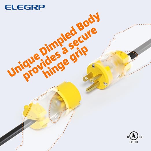 ELEGRP Lighted 20 Amp 125 Volt NEMA 5-20P 2 Pole 3 Wire Grounding Straight Blade Electrical Plug Replacement Cord Outlet Commercial Grade, Yellow, 2 Pack