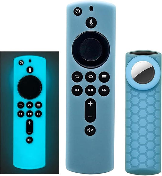 Compatible for Alexa Voice Remote Cover/TV Stick 4k (2nd Gen) with Tracker Holder, Glow in The Dark, Item Finder Anti-Slip Silicone Protective Case, Glow Blue