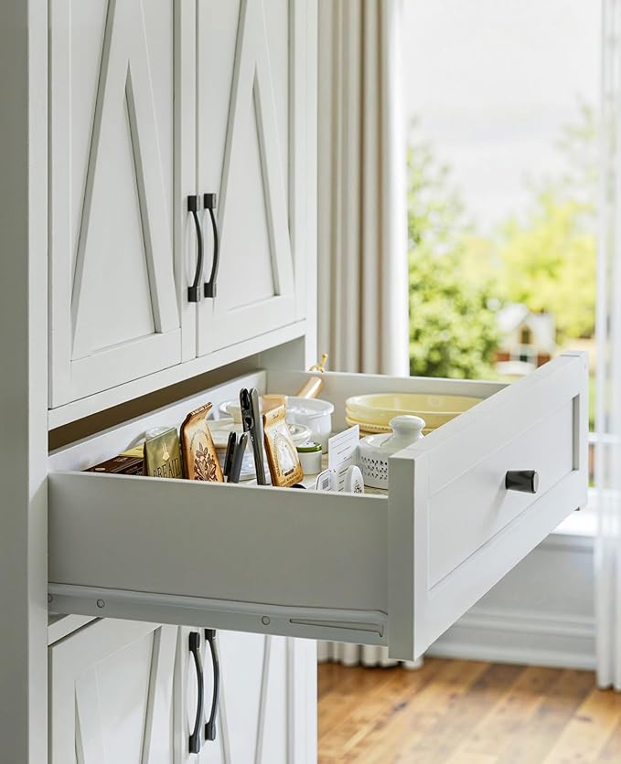 Lyromix 68'' Farmhouse Kitchen Pantry Cabinet with Adjustable Shelves, Tall Storage Cabinet with Barn Doors, Freestanding Versatile Cupboard for Dining Room, White+Walnut