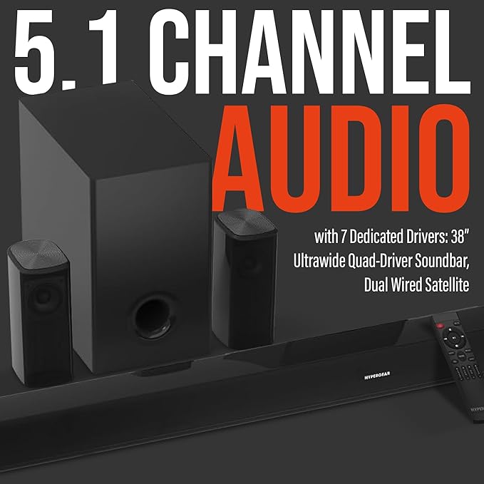 HyperGear SB51a 5.1 Surround Sound System for TV – 90W Home Theater Sound System, Soundbar, Subwoofer & Dual Speakers w/Bass, HDMI ARC & Optical Inputs for 4K/8K UHD TVs, Wall-Mountable Speakers