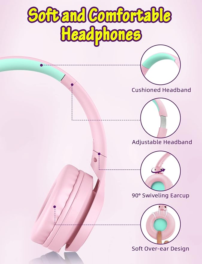 Kids Headphones with Microphone, Wired Over Ear Headsets with Limited Volume 85dB/ 94dB for Boys Girls Teens Children Online School/Travel/iPad/Tablet/Cellphone Pink