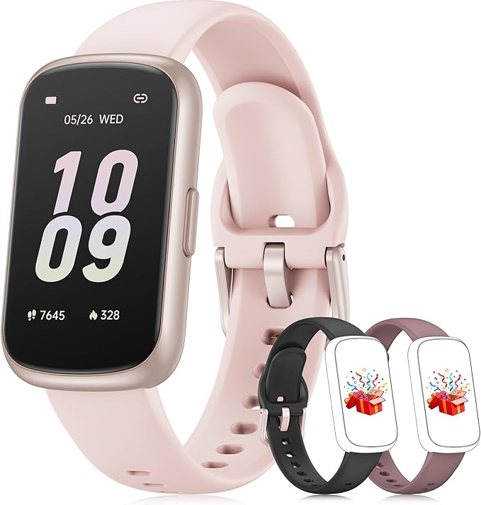 Fitness Tracker with 24/7 Heart Rate Monitor, Sleep Tracker - 3 ATM Waterproof Fitness Watch Calorie Step Counter Smart Watch Includes 3 Sport Bands for Android iOS Women Men, Mystic Rose
