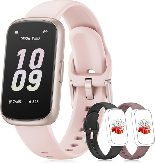 Fitness Tracker with 24/7 Heart Rate Monitor, Sleep Tracker - 3 ATM Waterproof Fitness Watch Calorie Step Counter Smart Watch Includes 3 Sport Bands for Android iOS Women Men, Mystic Rose