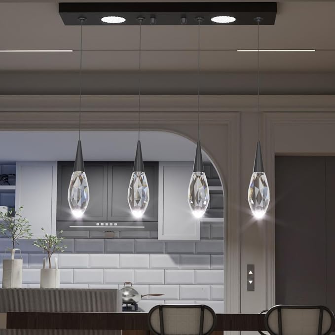 4-Lights Rectangular Pendant Lights for Kitchen Island Crystal Rectangular Chandelier for Dining Room Black Linear Chandeliers for Living Room Hallway Bedroom