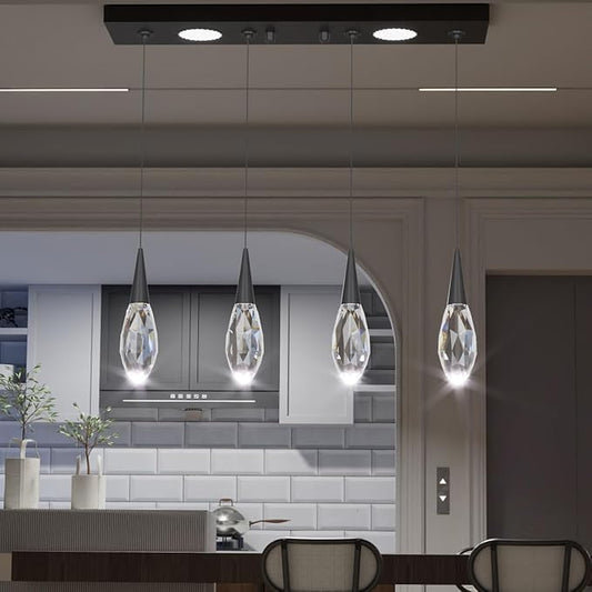 4-Lights Rectangular Pendant Lights for Kitchen Island Crystal Rectangular Chandelier for Dining Room Black Linear Chandeliers for Living Room Hallway Bedroom