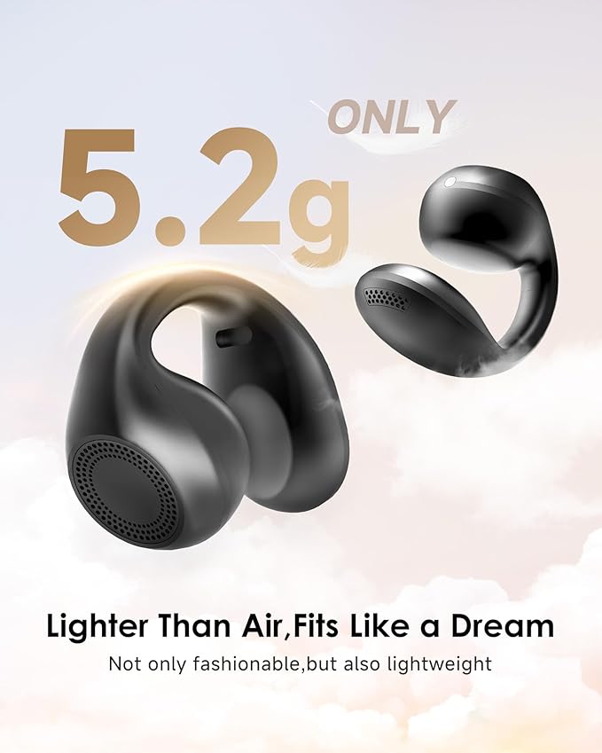 King Lucky Clip-On Earbuds,Comfort Air Cushion Open Ear Earbuds Wireless Bluetooth 5.4 Multipoint, Open Ear Headphones with Mic,Anti-Mistouch,45H Playtime,IP56 Waterproof for Sports,Small Ears&Sleep