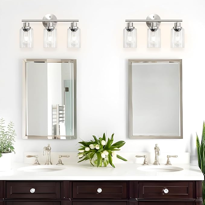 3-Light Brushed Nickel Vanity Lights, E26 Modern Bathroom Light Fixtures with Clear Glass Shade, Wall Lamps for Mirror Kitchen Hallway Cabinet Living Room Sconces Lights