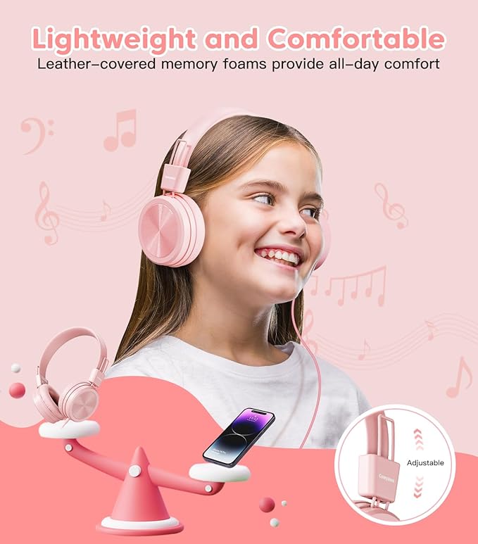 Kids Headphones, Toddler Headphones with Safe Volume Limiter 94dB, Wired School Headphones for Kid, 3.5mm Adjustable On-Ear Headphone for Boys/Girls/Children/Teens/iPad/Computer, Light Pink