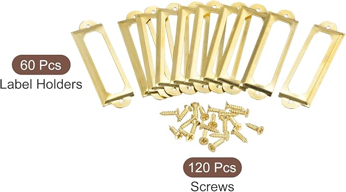 uxcell Metal Label Holders, 60x17mm 60pcs File Name Card Tag Label Holder Frame for Office Library Drawer Cabinet Shelves, Gold Tone