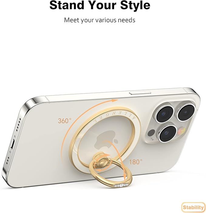 Allengel Magnetic Phone Grip for MagSafe, Magnetic Ring Holder Compatible with MagSafe Phone Ring, 360°Rotating Finger Kickstand for iPhone 16 Pro Max 15 14 13 12 Plus & Android Phone(Gold)