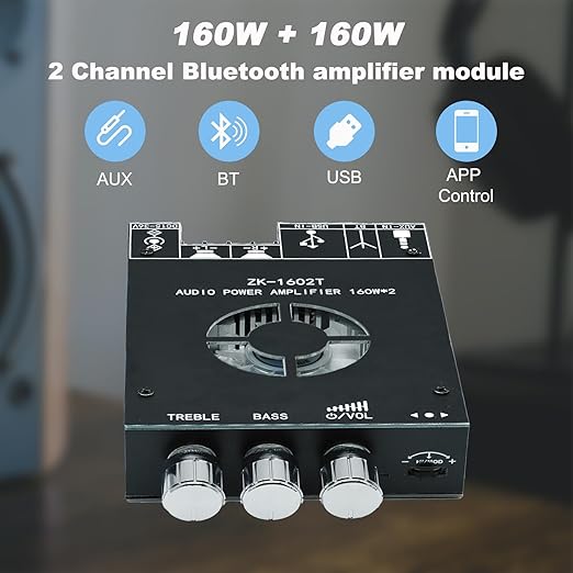 ZK-1602T 160W+160W Bluetooth Amplifier Board with Treble and Bass Control, 2.0 Channel Stereo Audio Mini Power Amplifier Board, TDA7498E Chip DC 15-36V, BT and AUX Inputs for DIY Wireless Speakers