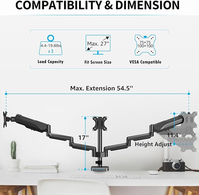 MOUNTUP Triple Monitor Stand Mount - 3 Monitors Desk Mount for Computer Screens Up to 27 inch, Triple Monitor Arm with Gas Spring, Heavy Duty Monitors Stand, Each Arm Holds 4.4-19.8 lbs, Black