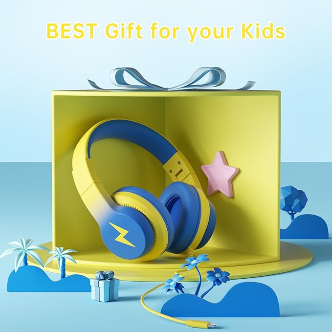 Wired USB C Kids Headphones, 85dB Safe Volume Limit, HD Stereo Sound, Adjustable Headband, Foldable Over-Ear Design for School/Travel/Boys/Girls/iPad/Tablet (Light Yellow, No Mic)