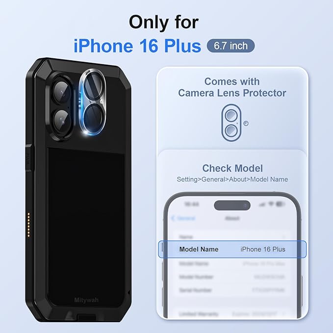 Mitywah Metal Case for iPhone 16 Plus, Heavy Duty Rugged Phone Case Built-in 9H Temperd Screen Protector, Military Grade Full Body Protective Dual Layer Bumper Protective Case for 16 Plus 6.7" Black