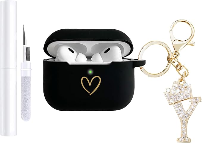 Compatible with AirPods Pro 3 Case Cover (2025), Soft Silicone Case with Gold Heart Pattern for AirPods Pro 3rd Generation Case with Rhinestone Studded Letter A-Z Keychain (Y Black)