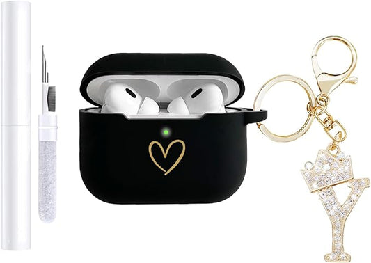 Compatible with AirPods Pro 3 Case Cover (2025), Soft Silicone Case with Gold Heart Pattern for AirPods Pro 3rd Generation Case with Rhinestone Studded Letter A-Z Keychain (Y Black)