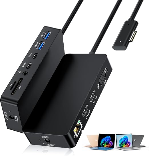 Surface Dock Triple Displays Dual HDMI+VGA with Power Adapter,12 in 1 Surface Docking Station for Surface Pro 12/11/10/9/8/X/7/6/5/4/3,Surface Laptop 7/6/5/4/3/2/1,Surface Book Go Accessories