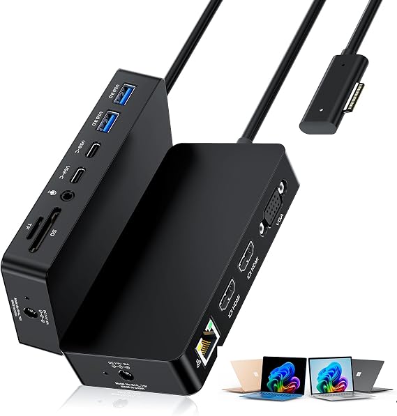 Surface Dock Triple Displays Dual HDMI+VGA with Power Adapter,12 in 1 Surface Docking Station for Surface Pro 12/11/10/9/8/X/7/6/5/4/3,Surface Laptop 7/6/5/4/3/2/1,Surface Book Go Accessories