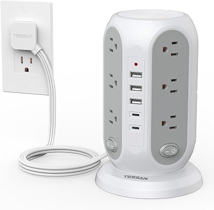 TESSAN Tower Power Strip Surge Protector, Flat Extension Cord 6 Ft, Grey