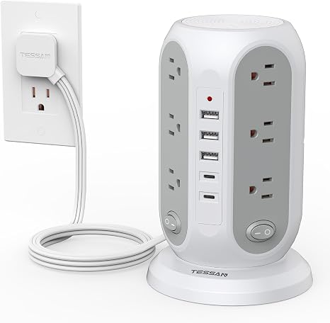 TESSAN Tower Power Strip Surge Protector, Flat Extension Cord 6 Ft, Grey