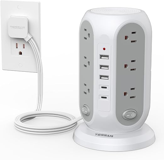 TESSAN Tower Power Strip Surge Protector, Flat Extension Cord 6 Ft, Grey