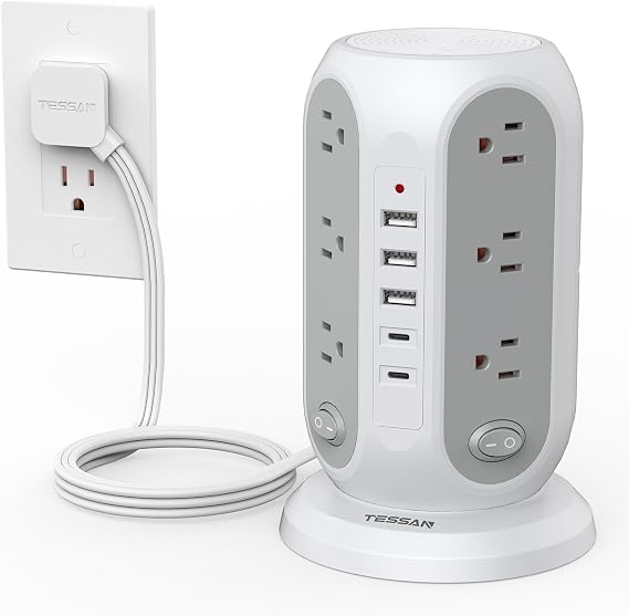 TESSAN Tower Power Strip Surge Protector, Flat Extension Cord 6 Ft, Grey