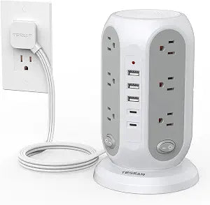 TESSAN Tower Power Strip Surge Protector, Flat Extension Cord 6 Ft, Grey