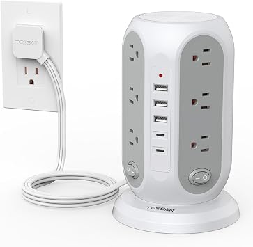 TESSAN Tower Power Strip Surge Protector, Flat Extension Cord 6 Ft, Grey