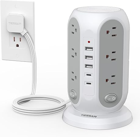 TESSAN Tower Power Strip Surge Protector, Flat Extension Cord 6 Ft, Grey