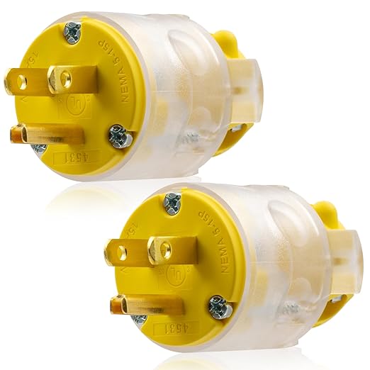 ELEGRP Lighted 15 Amp 125 Volt NEMA 5-15P 2 Pole 3 Wire Grounding Straight Blade Electrical Plug Replacement Cord Outlet Commercial Grade, Yellow, 2 Pack