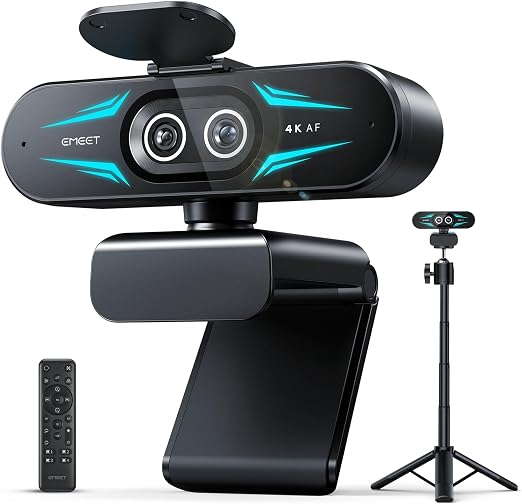EMEET C60E Dual 4K Webcam for Streaming with Tripod, Wide-Angle & Telephoto