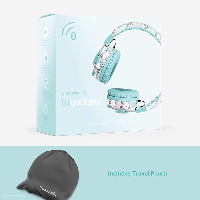 LilGadgets Untangled Pro Kids On-Ear Headphones - Bluetooth Wireless Headphones – Volume-Limited to 93 dB with Built-in Sharing Port (Rainbow Cat)