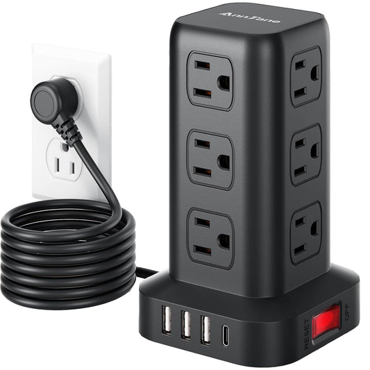 AnnTane Power Strip 6.5 FT Cord, Power Strip Tower with 4 USB Ports (1USB C), Extension Cord with 12 AC Multiple Outlets, Home Office Supplies Desk Accessories, Dorm Room Essentials