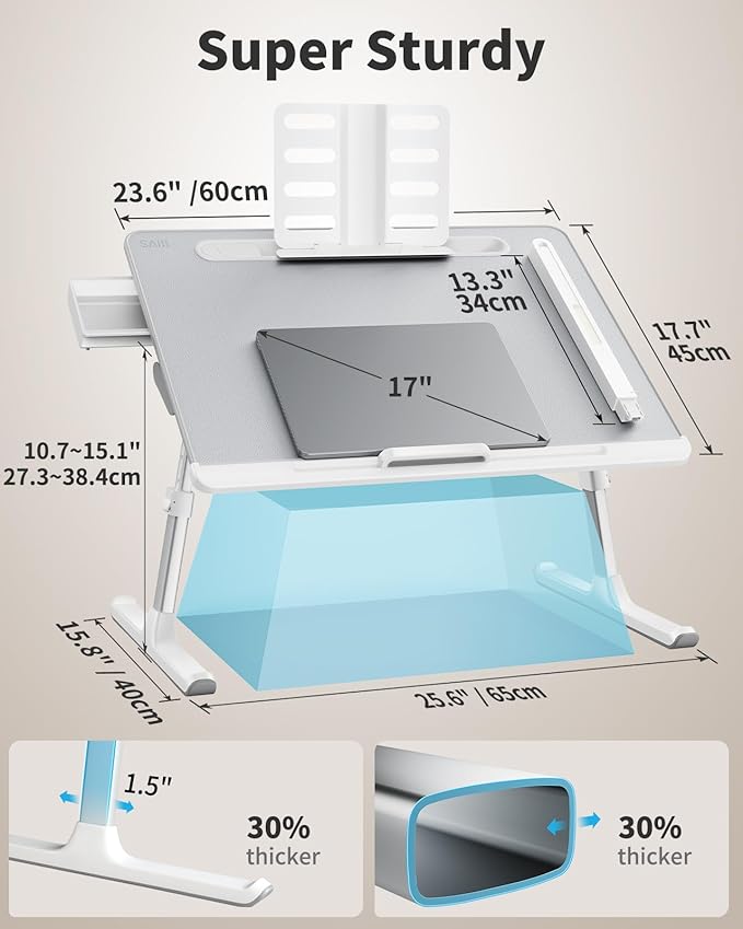 SAIJI Laptop Bed Tray Desk with LED Desk Light, Adjustable Laptop Stand for Bed, XX-Large PVC Leather Foldable Table with Book Stand, Wrist Rest, Extra Leg Room (Grey)