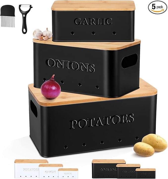 Honeydak 3 PCS Potato Onion Garlic Storage Bins Set, Metal Vegetable Keeper Containers with Lids Aerating Holes for Kitchen Counter Pantry Keep Fresh Longer Farmhouse for Sweet-potato Fruit(Black)