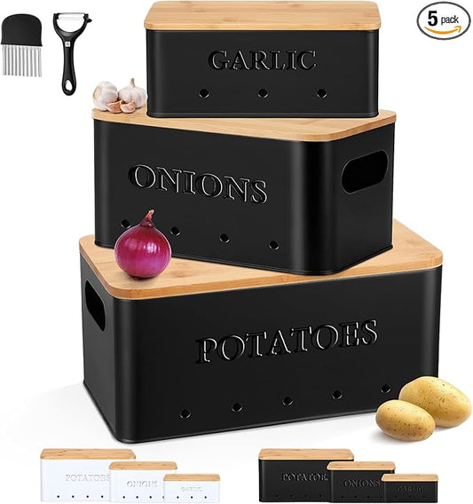 Honeydak 3 PCS Potato Onion Garlic Storage Bins Set, Metal Vegetable Keeper Containers with Lids Aerating Holes for Kitchen Counter Pantry Keep Fresh Longer Farmhouse for Sweet-potato Fruit(Black)
