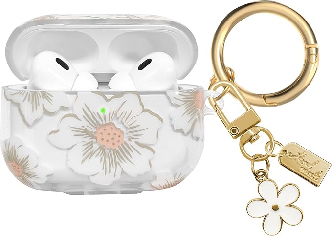 Compatible with AirPods Pro 2 Case Cover 2022, Soft TPU with Cute Flower Pattern for AirPods Pro 2nd/1st Generation Case with Flower Keychain and Carabiner for Girls Women (White)