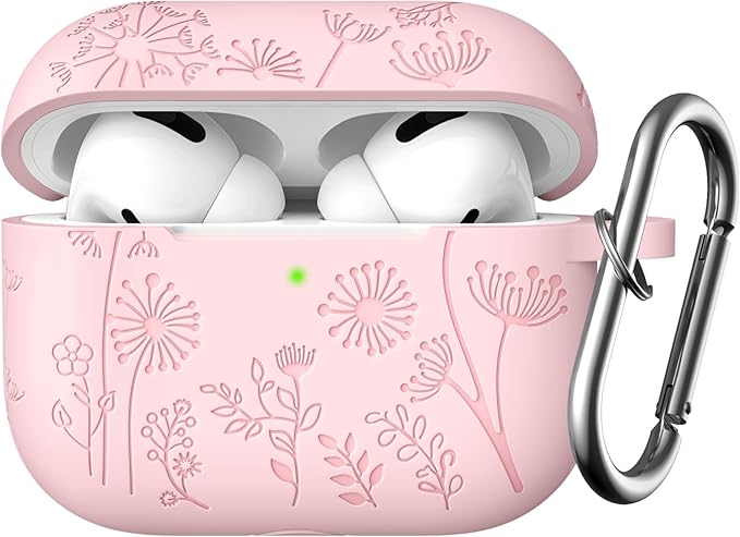 Lerobo Flower Engraved Cover for Airpods Pro Case 2nd 1st Generation Case USB C, Soft Silicone Full Protective Cover Compatible with Apple AirPod Pro/Pro 2 Case, Front LED Visible, Pink