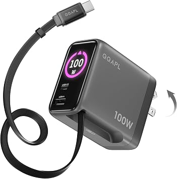 100W USB-C Charger with Retractable Cable,3-Port Gan Charger with Display
