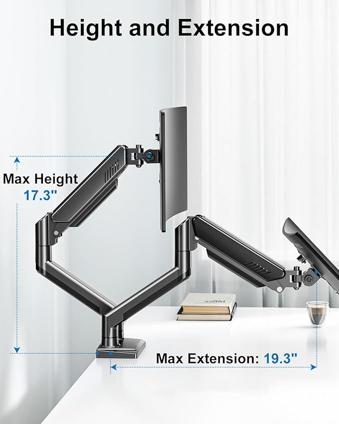 Dual Monitor Mount Fits 17 to 32 Inch Computer Screen, Dual Monitor Arm Hold 4.4-19.8lbs Each, Full Motion Monitor Desk Mounts for 2 Monitors, Gas Spring Monitor Stand, VESA Mount, Freelift