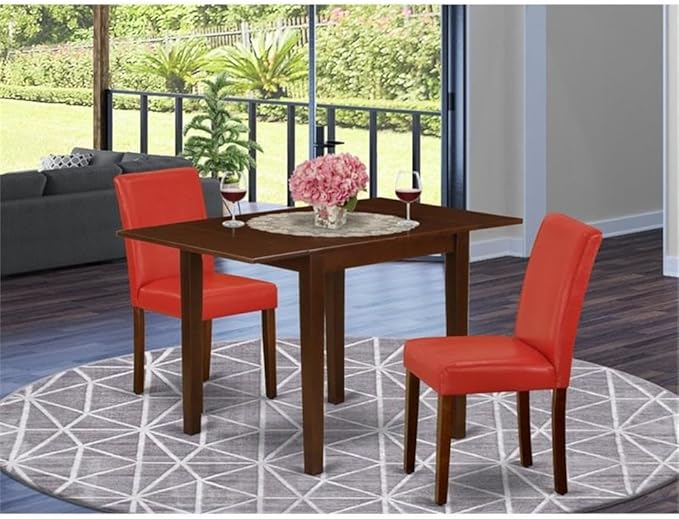 East West Furniture 1NDAB3-MAH-72 3 Piece Dining Set Contains a Rectangle Dining Room Table with Dropleaf and 2 FireBrick Red Faux Leather Upholstered Chairs, 30x48 Inch, Mahogany