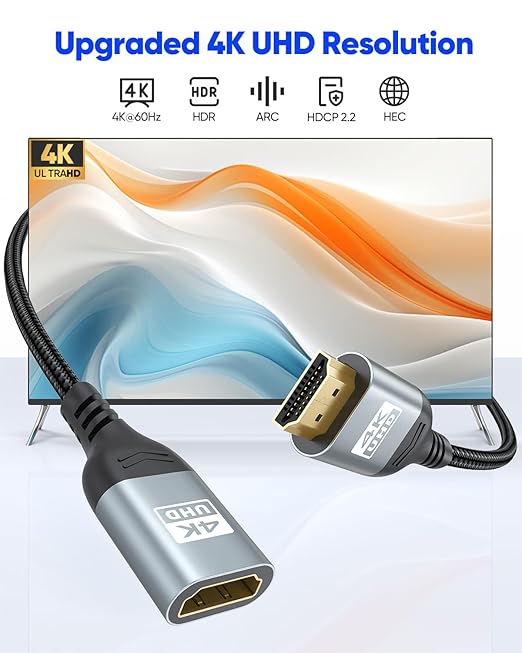 4K HDMI Extension Cable 2FT HDMI Extender, HDMI Male to Female Adapter Cord 4K@60Hz, 2K, 1080P, ARC, HDR, 3D Compatible with Laptop, HDTV, Monitor, Roku, Fire TV Stick, Xbox, PS5/PS4