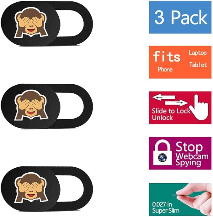 SIREG Webcam Cover Ultra Thin - Web Camera Cover fits Laptop,Tablet,Computer, Smartphone, Protect Your Privacy and Security,Strong Adhesive (Monkey-Black & 3 Pack)