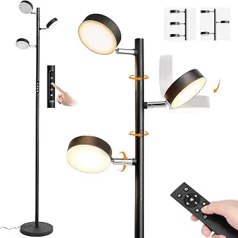 JUNNAI LED Tree Floor Lamp with Remote & Touch Control, 3 Heads Adjustable Dimmable Modern Floor Lamps with Timer, 4 Color Temperatures, Tall Standing Lamp for Living Room, Bedroom, Office, Black