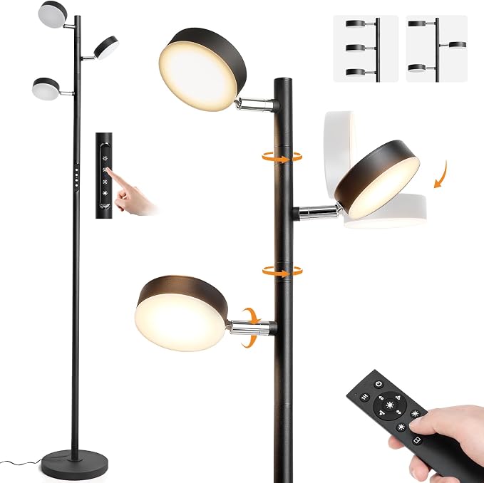 JUNNAI LED Tree Floor Lamp with Remote & Touch Control, 3 Heads Adjustable Dimmable Modern Floor Lamps with Timer, 4 Color Temperatures, Tall Standing Lamp for Living Room, Bedroom, Office, Black