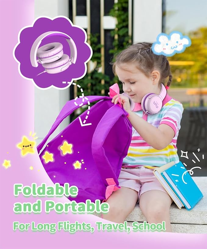 Wired Kids Headphones with Mic, Foldable, Volume Control Safe Listening(85/94dB), 3.5mm Jack on-Ear Headset for Chilren/Teens/Easter Day/School/Travel/Plane/Tablet/Laptop, PinkPurple