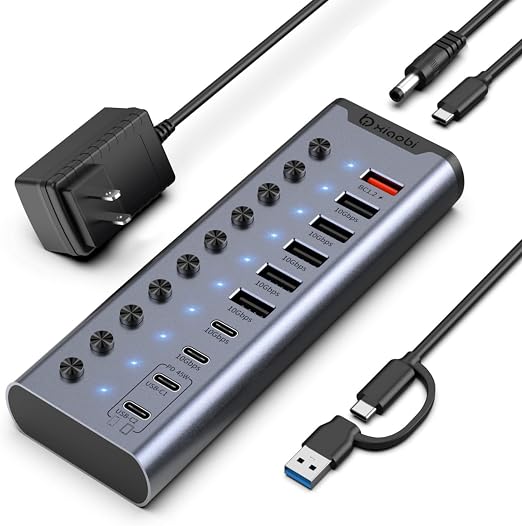 Powered USB Hub, Individual Switches and 24V/3A Power Adapter